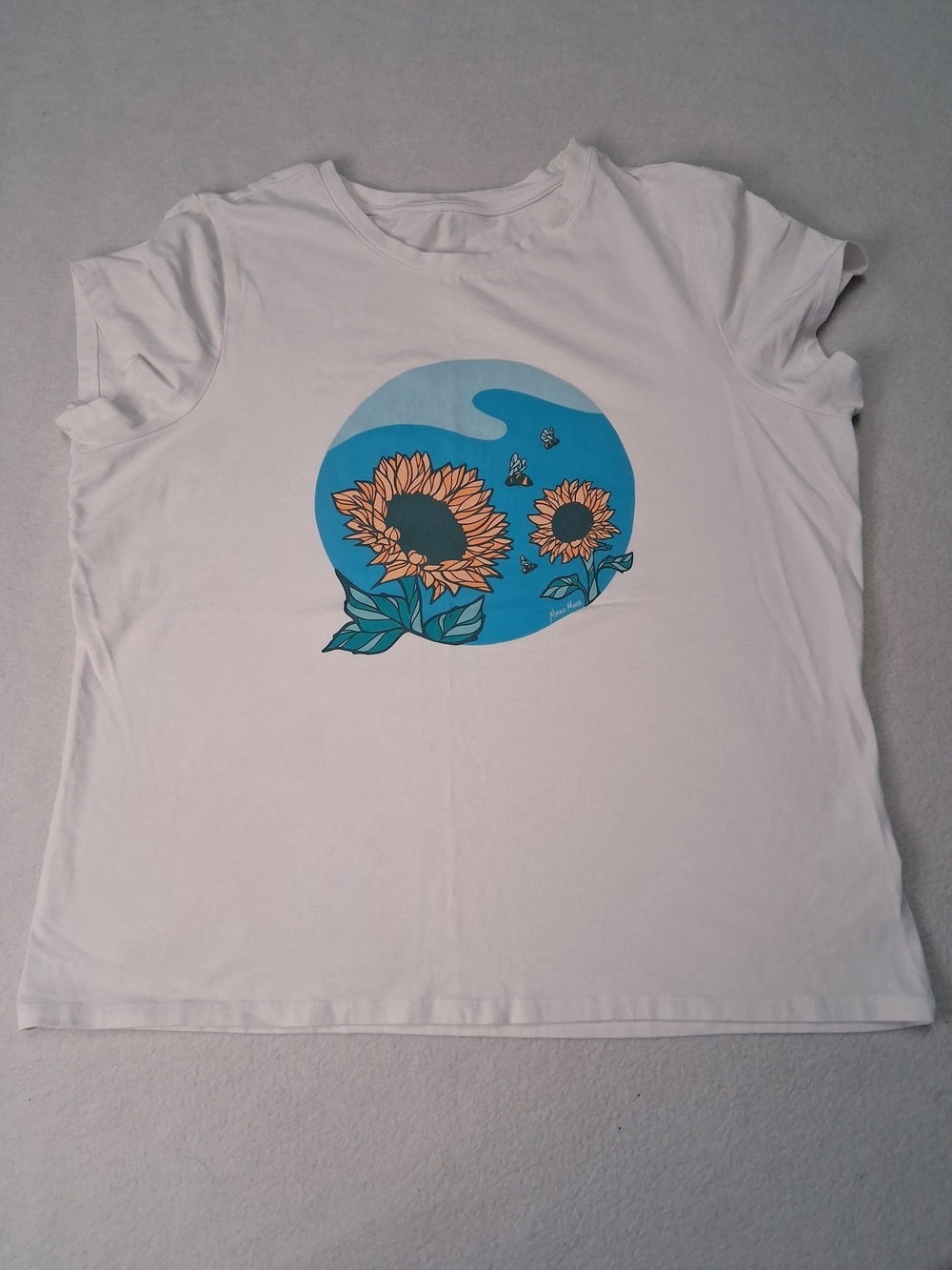 cleo White Short Sleeve Tee with Blue & Yellow Sunflower Graphic